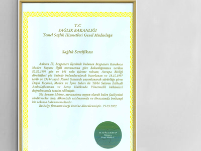Maden Suyu SAĞLIK SERTİFİKASI